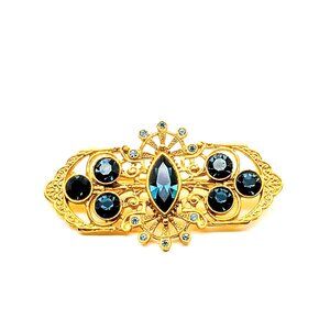 Vintage 1928 Bar Brooch, Gold Tone with Blue Crystals, Elegant Collar or Lapel
